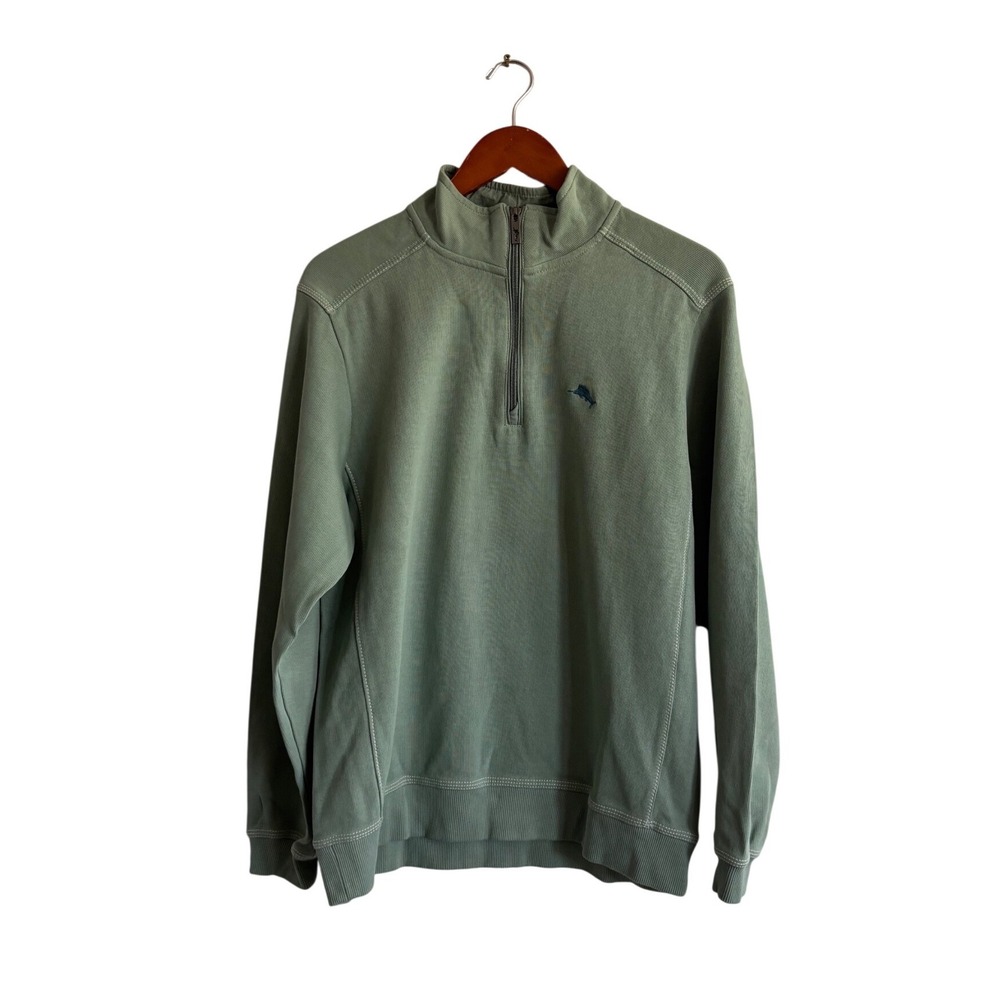 Tommy Bahama Mens Medium Sage Green 100% Cotton Quarter Zip Pullover Sweater
